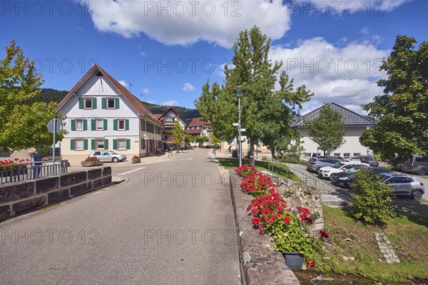 Car bridge and pedestrian bridge, sandstone, flower boxes, zonal geranium (Pelargonium hortorum), general architecture, buildings, houses, trees, meadow, hill, coniferous forest, car park with cars, blue sky, cumulus clouds, intersection main road with lower village, Hofstetten, Black Forest, Ortenaukreis, Baden-Württemberg, Germany