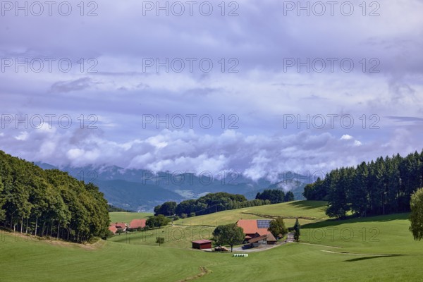 Landscape photography, hilly landscape, hills, coniferous forest, meadow, trees, homestead, haze, sunny, cloudy, cirrostratus clouds, cumulus clouds, Breitebene, Hofstetten, Black Forest, Ortenaukreis, Baden-Württemberg, Germany