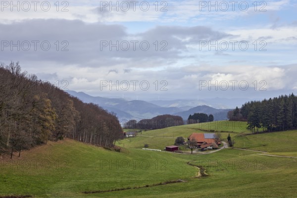 Landscape photography, mountain landscape, hills, coniferous forest, meadow, homestead, haze, diffuse light, milky blue sky, cumulus clouds, stratocumulus clouds, Breitebene, Hofstetten, Black Forest, Ortenaukreis, Baden-Württemberg, Germany