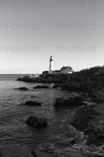 Rocky Coast Lighthouse, Portland Head lighthouse, monochrome, Cape Elizabeth, Portland, Maine, New England, USA