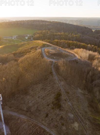 Extensive forest landscape with a path on the hill at sunset, future PV construction on old deposit, Lindenrain industrial park, Calw, Germany