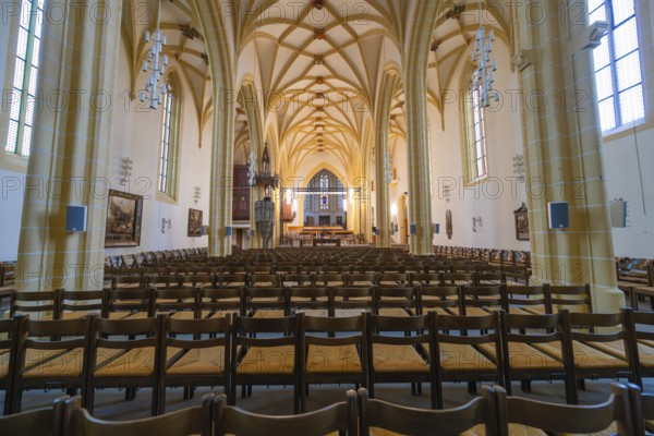 Extensive church space with Gothic vaults, wooden chairs and an altar in the center, collegiate church, Herrenberg, Böblingen district, Germany