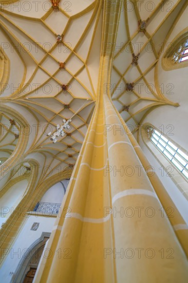 Detailed view of an interior ceiling with Gothic vault and massive columns in a wide nave, Herrenberg, Böblingen district, Germany