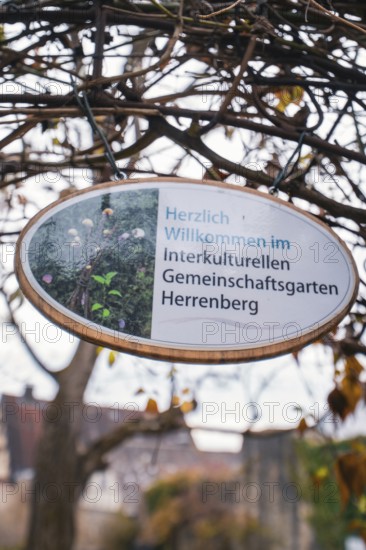 Wooden sign with a greeting in the Herrenberg intercultural community garden, Herrenberg, Böblingen district, Germany