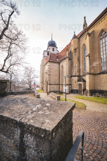 Impressive Gothic church with large windows and magnificent tower, Herrenberg, Böblingen district, Germany