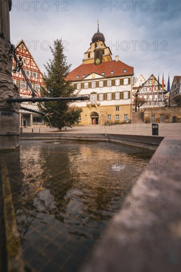 Picturesque backdrop with half-timbered houses and fountains in an old town, Herrenberg, Böblingen district, Germany