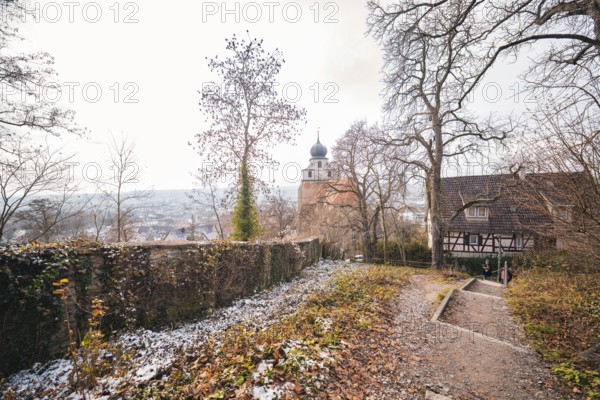 Winter trail with a view of a church tower and landscape, surrounded by bare trees, Herrenberg, Böblingen district, Germany