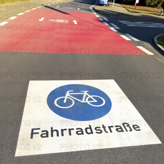 Large marking on road painted symbol for road signs 244.1-40 Start end of a bicycle road, behind it red intersection road confluence, Germany