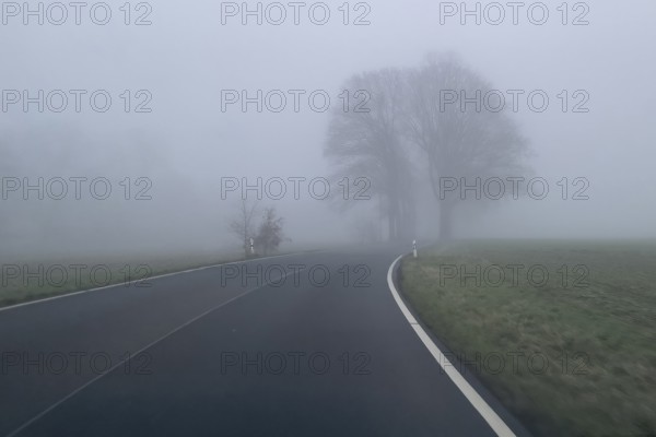 Driver's perspective view of foggy, foggy country road in thick fog in winter, Germany