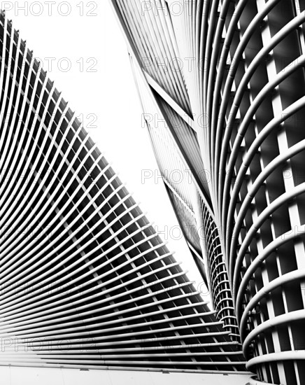 Black and white photography, Zayed National Museum in Abu Dhabi, memorial to the late Zayed bin Sultan Al Nahyan, the museum is the heart of the cultural district on Saadiyat Island, architecture on the roof of the museum, Abu Dhabi, United Arab Emirates
