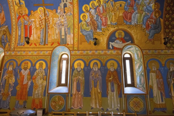 Orthodox church with glowing frescoes and saints, conveys a spiritual atmosphere, St. Barbara Cathedral, Batumi, Black Sea, Ajara region, Adjara, Autonomous Republic, Georgia