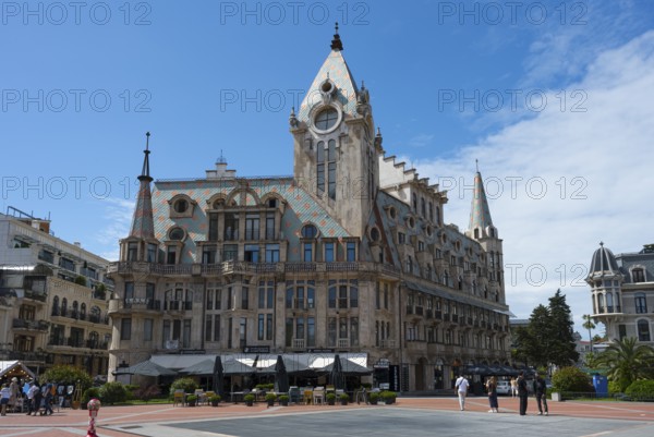 Historic building with roof gables in a public square under clear sky, Europe Square, Batumi, Black Sea, Ajara region, Adjara, Autonomous Republic, Georgia
