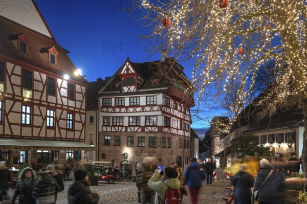 The historic Dürerhaus, Christmass-lit tree on the right, Beim Tiergärtnertor, Nuremberg, Middle Franconia, Bavaria, Germany