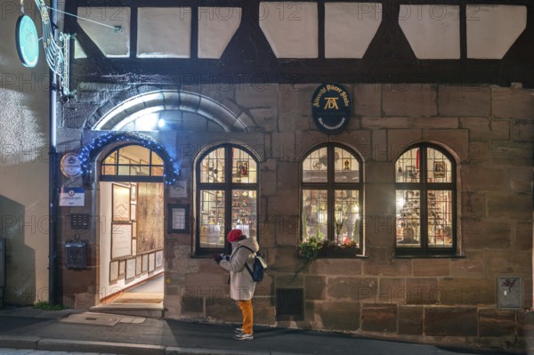 Historic restaurant, Albercht Dürer Stuben, in the old town in evening lighting, Albrecht-Dürer-Straße 6, Nuremberg, Middle Franconia, Bavaria, Germany