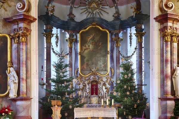 Interior view, choir room, altar, Catholic Saint Barbara church from 1783, baroque, Christmas decoration, Christmas, Hofen, Mühlhausen am Neckar district, Stuttgart, Baden-Württemberg, Germany
