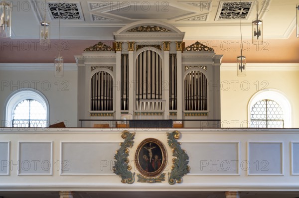 Interior photo, organ gallery, Saint Barbara Catholic Church from 1783, Hofen, Mühlhausen am Neckar district, Stuttgart, Baden-Württemberg, Germany