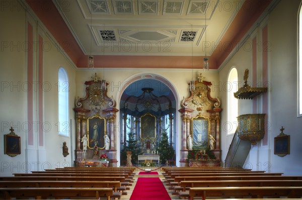 Interior view, nave and choir room, altar, Saint Barbara Catholic church from 1783, Christmas decoration, Baroque, Hofen, Mühlhausen am Neckar district, Stuttgart, Baden-Württemberg, Germany