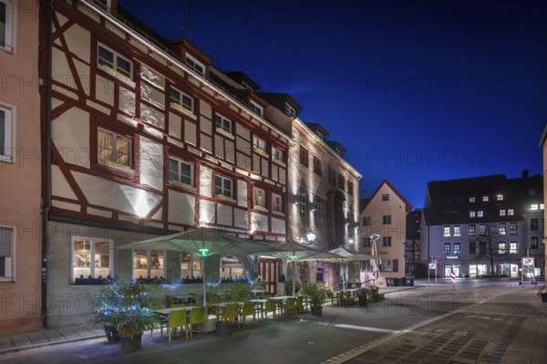Historic half-timbered houses in Irrerstraße in evening lighting, Nuremberg, Middle Franconia, Bavaria, Germany