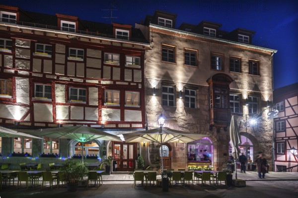 Historic residential buildings in Irrerstraße in evening lighting, Nuremberg, Middle Franconia, Bavaria, Germany