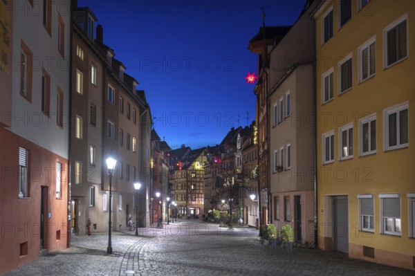 Historic half-timbered houses in Weißgerbergasse in evening lighting, Nuremberg, Middle Franconia, Bavaria, Germany