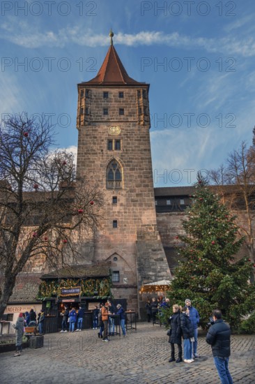 Historic Tiergärtnertor tower, built 13th century, in the evening sun, Beim Tiergärtnertor, Nuremberg, Middle Franconia, Bavaria, Germany
