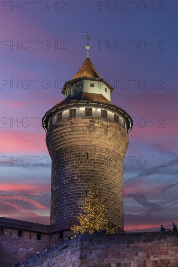 Historic Sinwell Tower, in the evening sky, built in the 13th century, Kaiserburg, Nuremberg, Middle Franconia, Bavaria, Germany