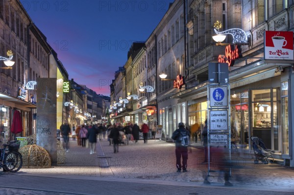Pedestrian zone in evening lighting, evening sky, Fürth, Middle Franconia, Bavaria, Germany