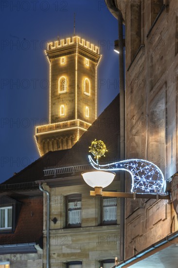 Fürth Town Hall Tower in evening lighting, blue evening sky, Fürth, Middle Franconia, Bavaria, Germany
