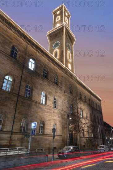 Fürth Town Hall in evening lighting, the tower, is imitated the tower of the Palazzo Vecchio in Florence, evening sky, Fürth, Middle Franconia, Bavaria, Germany