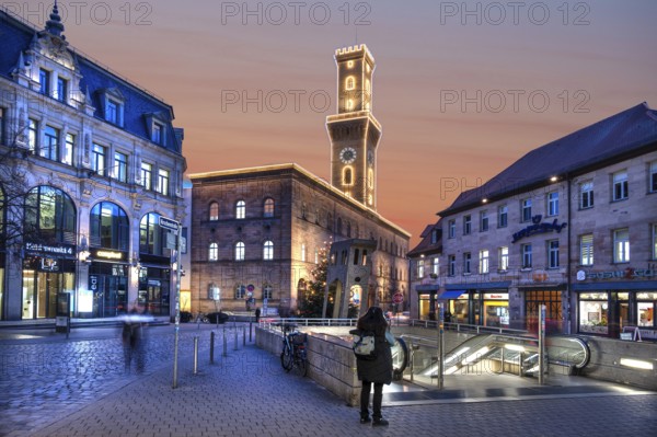 Fürth Town Hall in evening lighting, the tower is imitated the tower of the Palazzo Vecchio in Florence, in front a subway entrance, evening sky, Fürth, Middle Franconia, Bavaria, Germany