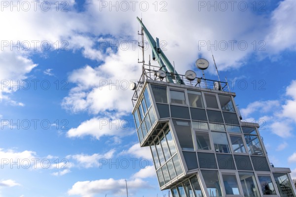 The regatta tower at Lake Baldeney in Essen, as part of the European Capital of Culture Year, RUHR.2010, on the roof of the regatta tower the art installation Time by artist Christoph Hildebrand, North Rhine-Westphalia, Germany