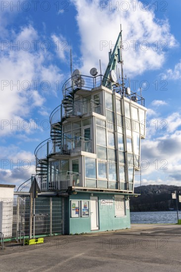 The regatta tower at Lake Baldeney in Essen, as part of the European Capital of Culture Year, RUHR.2010, on the roof of the regatta tower the art installation Time by artist Christoph Hildebrand, North Rhine-Westphalia, Germany