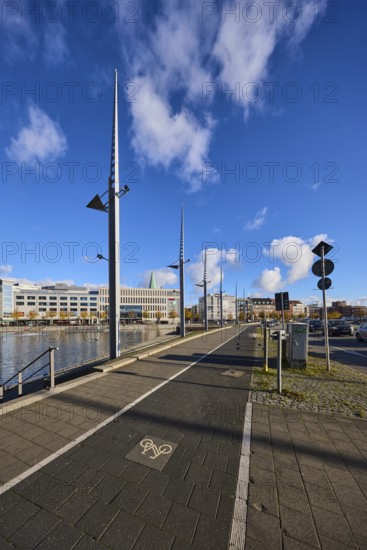 Boat harbor, water area, lantern, general architecture, modern buildings, sidewalk, footpath and bike path, blue sky, cumulus clouds, Wall and Kaistraße roads, Kiel, state capital, district-free city, Schleswig-Holstein, Germany