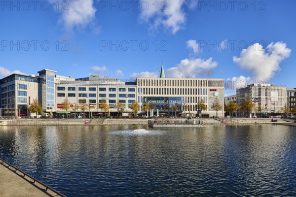 Boat harbor, water area, lake, general architecture, modern buildings, gym, John Reed Fitness, seating steps, abstract reflections on the water surface, trees, blue sky, cumulus clouds, wall, Kaistraße, Kiel, state capital, district-free city, Schleswig-Holstein, Germany