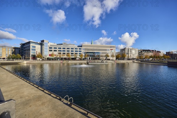 Boat harbor, water area, lake, general architecture, modern buildings, gym, John Reed Fitness, abstract reflections on the water surface, trees, blue sky, cumulus clouds, wall, quay road, Kiel, state capital, district-free city, Schleswig-Holstein, Germany