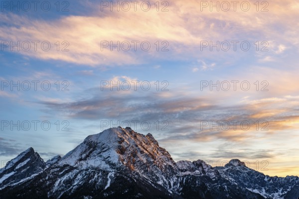 Snow-covered Watzmann in evening light, Hirscheck, Ramsau, Berchtesgadener Land, Upper Bavaria, Bavaria, Germany