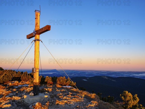 Sunrise at Zwiesel summit cross, Bad Reichenhall, Berchtesgadener Land, Upper Bavaria, Bavaria, Germany