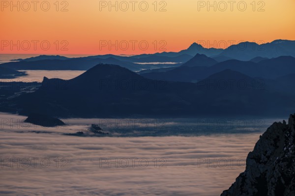 Dawn in the mountains, view of Salzburg with fog, rear silhouette of mountain ranges, Zwiesel, Bad Reichenhall, Berchtesgadener Land, Upper Bavaria, Bavaria, Germany