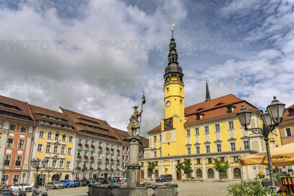 Ritter-Dutschmann-Brunnen and Town Hall on the main market in Bautzen, Upper Lusatia, Saxony, Germany