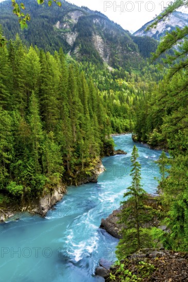 Turquoise water flows through a canyon surrounded by a lush green forest in mount robson provincial park, british columbia, canada, creating a breathtaking natural landscape