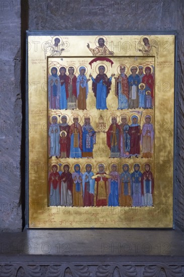 Orthodox icon on gold background depicting saints in solemn style, Svetitskhoveli Cathedral, Svetitskhoveli, UNESCO World Heritage Site, Mtskheta, Mtskheta, Mtskheta-Mtianeti region, Georgia