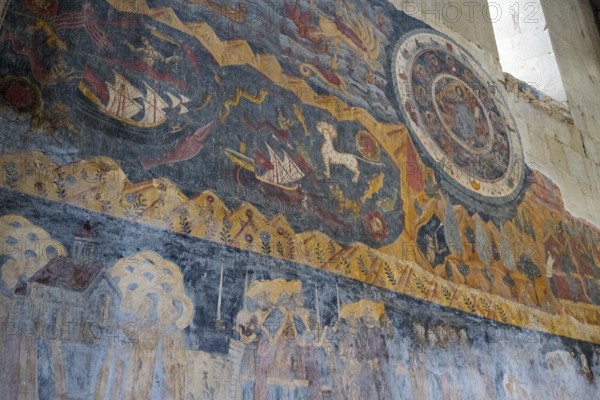 Wall painting with mythological themes, including ships and a lion in medieval style, Svetitskhoveli Cathedral, Svetitskhoveli, UNESCO World Heritage, Mtskheta, Mtskheta, Mtskheta, Mtskheta-Mtianeti region, Georgia