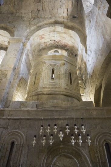 Romanesque church with stone structures and detailed relief decorations in softly lit atmosphere, Svetitskhoveli Cathedral, Svetitskhoveli, UNESCO World Heritage Site, Mtskheta, Mtskheta, Mtskheta-Mtianeti region, Georgia