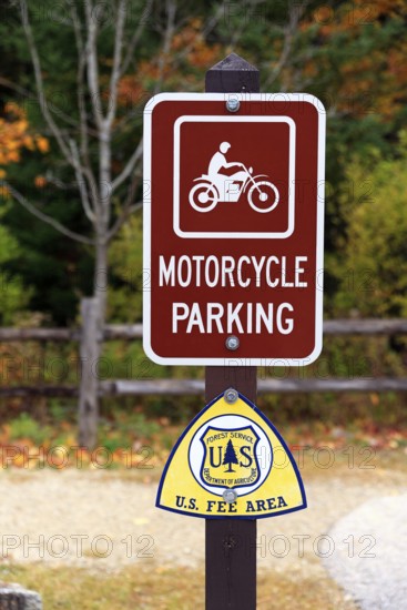 Motorcycle parking sign, White Mountain National Forest, Kancamagus Highway, New Hampshire, New England, USA