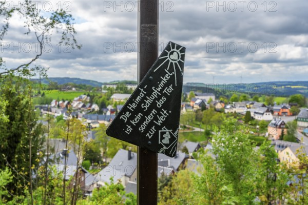 Idiom on the theme of home on a slate, mining relic Binge, health resort and toy village Seiffen, Ore Mountains, Saxony, Germany