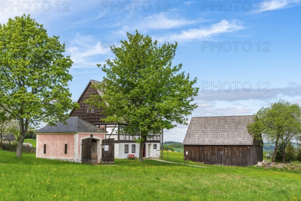 Historic wooden houses and barn with half-timbered buildings and shingles under trees in the Seiffen open-air museum, Ore Mountains, Saxony, Germany