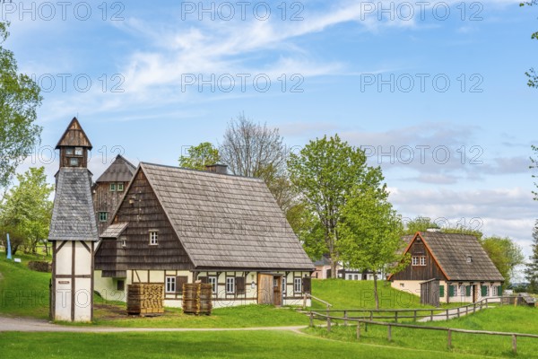Historic houses with half-timbered timber and shingles under trees in the Seiffen open-air museum, Ore Mountains, Saxony, Germany