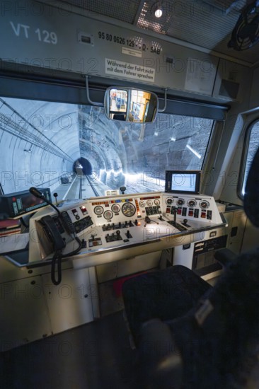The train goes through a tunnel, the driver's cab with control panel is visible in the foreground, historic event, first test run with a passenger train on the Hermann tracks, Hesse Railway since 1988, Calw district, Germany