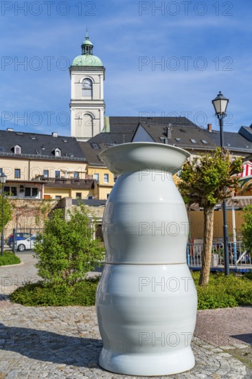 Sculpture in the form of a vase, art installation One Million by artist Uli Aigner, Purple Path art and sculpture trail of the European Cultural Region around the cultural capital Chemnitz, Lößnitz, Ore Mountains, Saxony, Germany