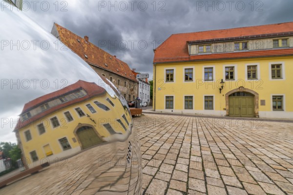 Sculpture, art installation Trashstone 689 in the form of a silver nugget by artist Wilhelm Mundt, Purple Path art and sculpture trail of the European cultural region around the cultural capital Chemnitz, Freiberg, Saxony, Germany